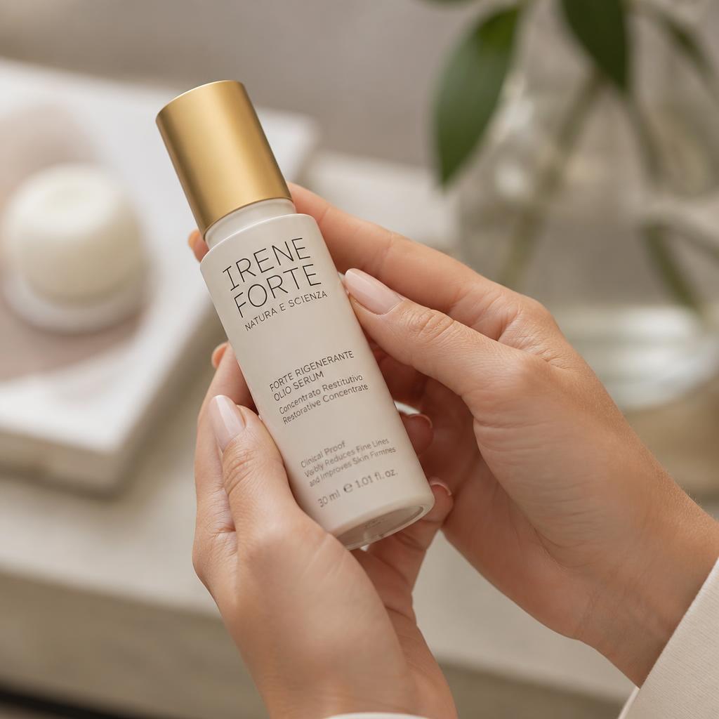 Mãos segurando frasco de skincare lendo o rótulo