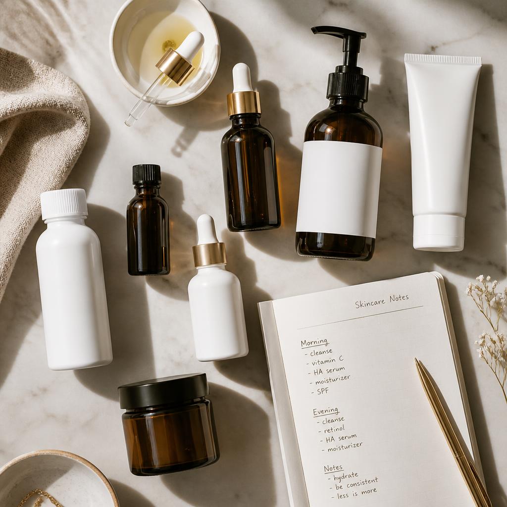 Flat lay de produtos de farmácia com caderno de anotações