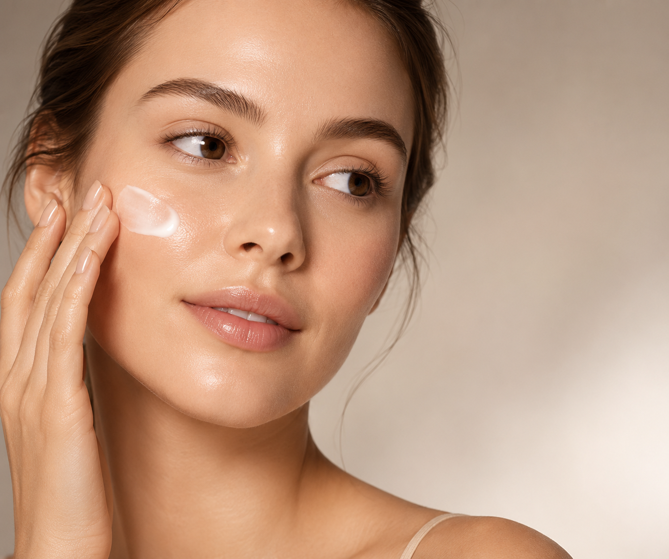 Mulher aplicando creme facial com pele saudável